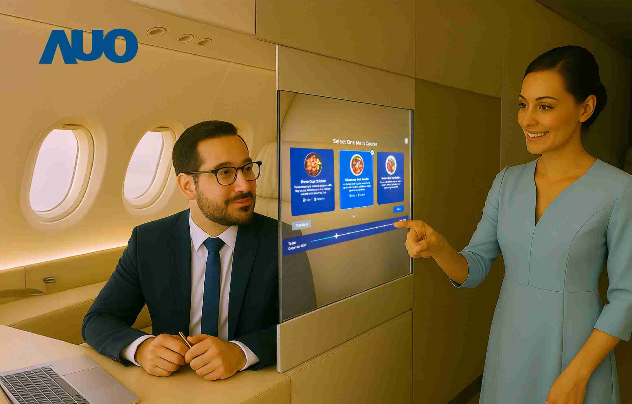 JDB电子研发全球最薄17.3 吋双面透明 Micro LED 显示器，，可在同一屏幕之双边投射不同信息，，，创造独特的”透明化”互动；图为实时翻译交流应用情境